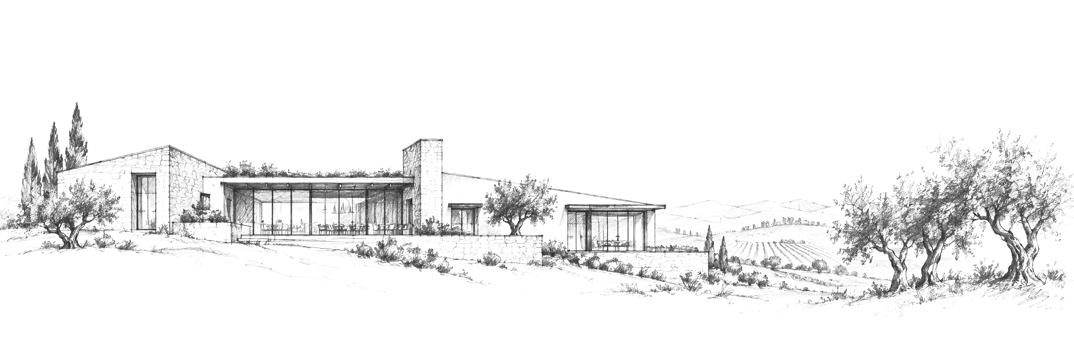 Hand-drawn architectural elevation of a wine-country home