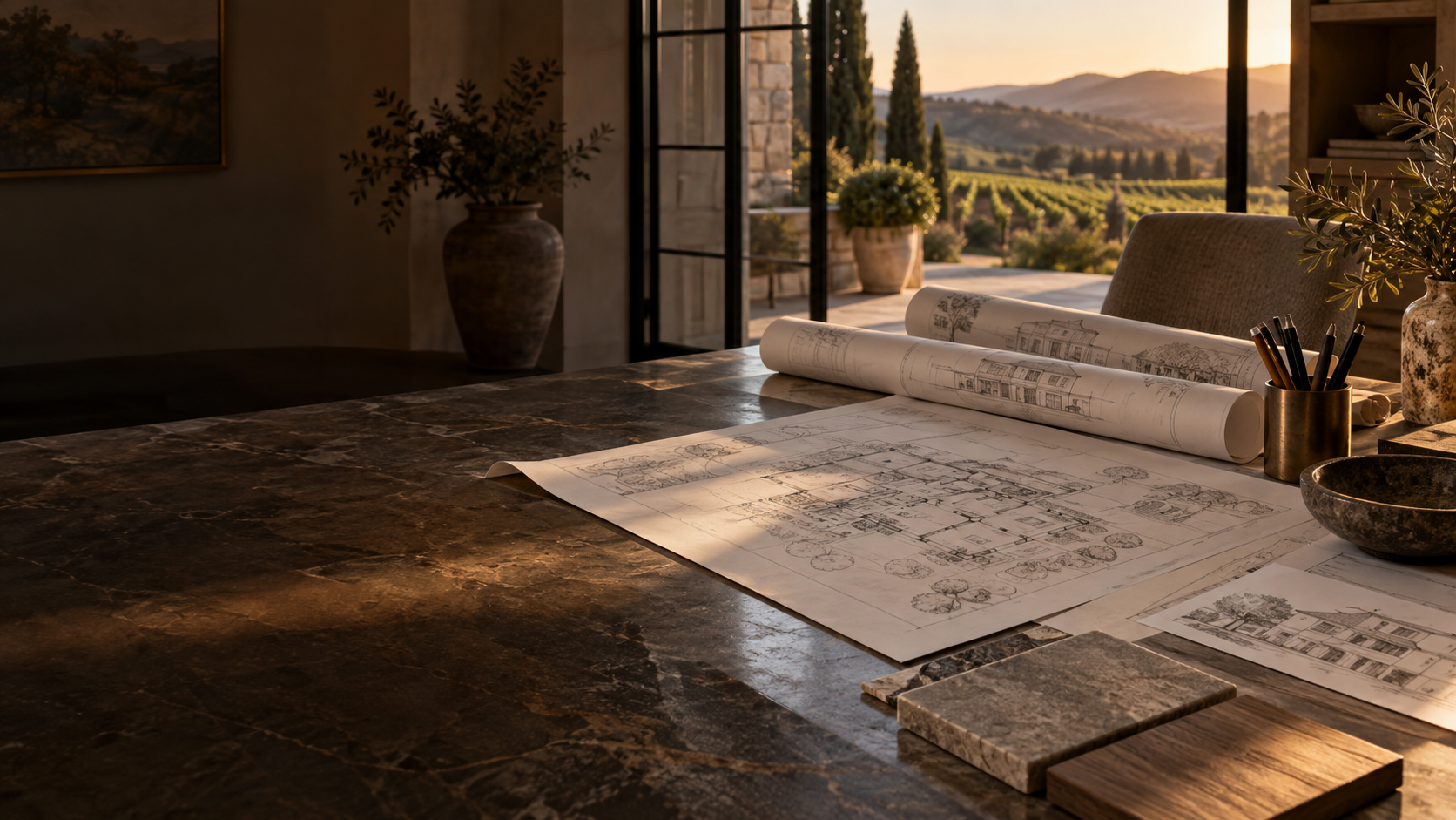 Architectural plans arranged on a warm wine-country estate desk